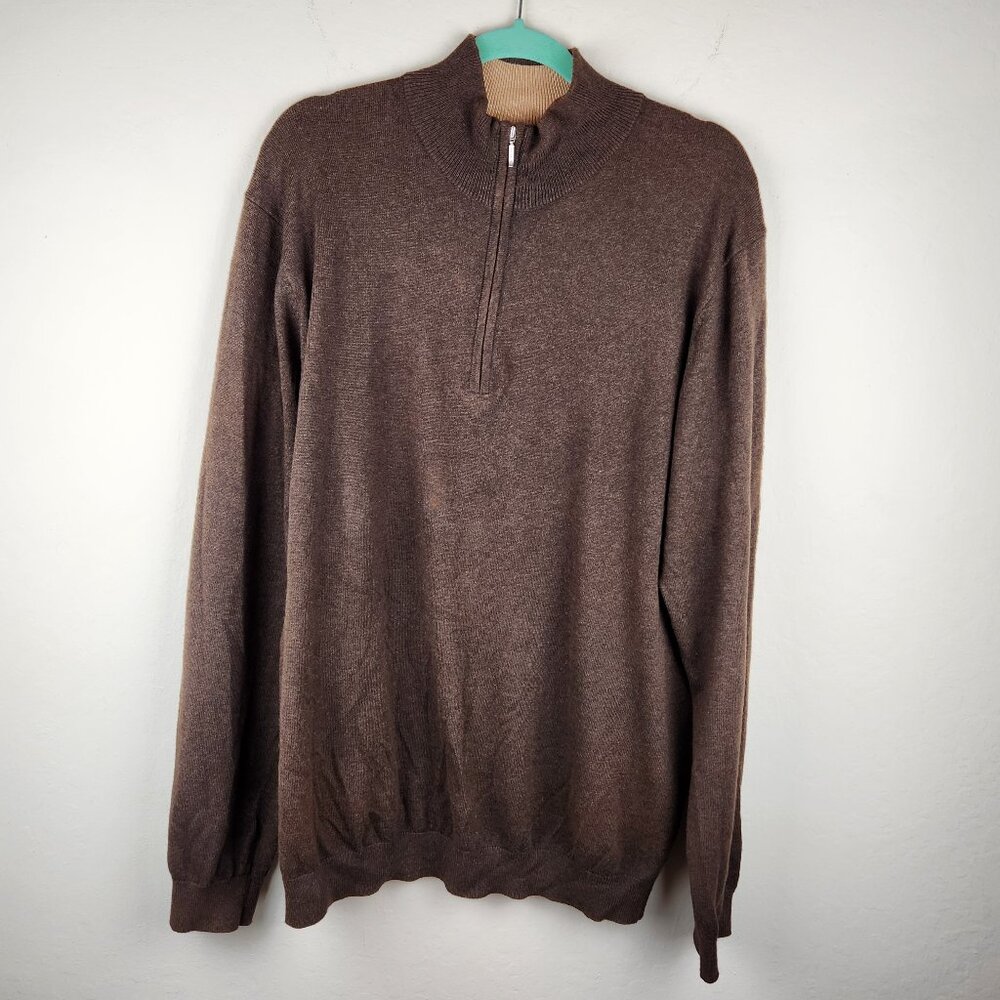 J. Hilburn Brown Cotton Silk Cashmere Half Zip Knit Sweater sz LT Flawed